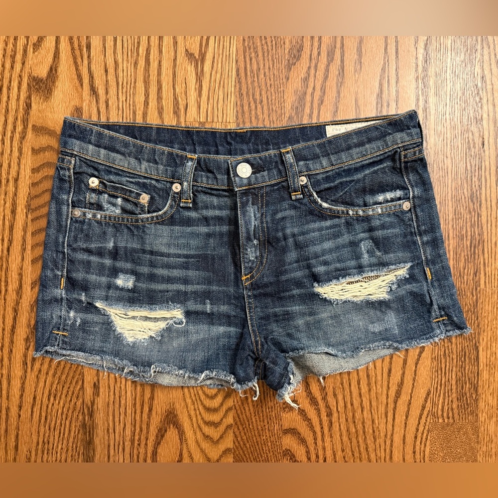 Rag & Bone Jean Cutoff Denim Shorts Size 27 Distressed Dark Wash Raw Hem